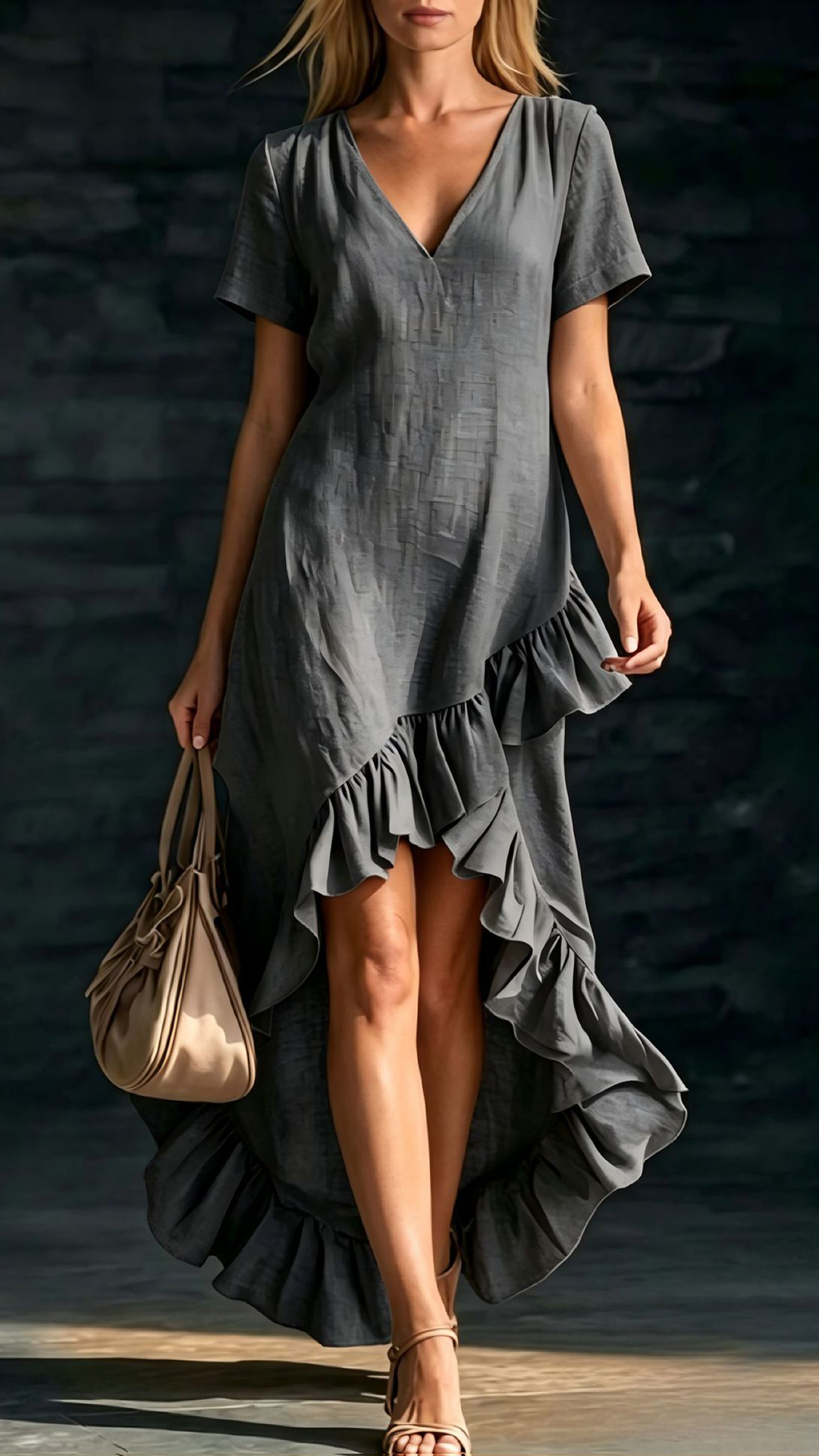 Women's Cotton-Blend Ruffled V-Neck Dress - Nordfashionstorm - Women's Clothing, Fashion for You - Nordfashionstorm.com
