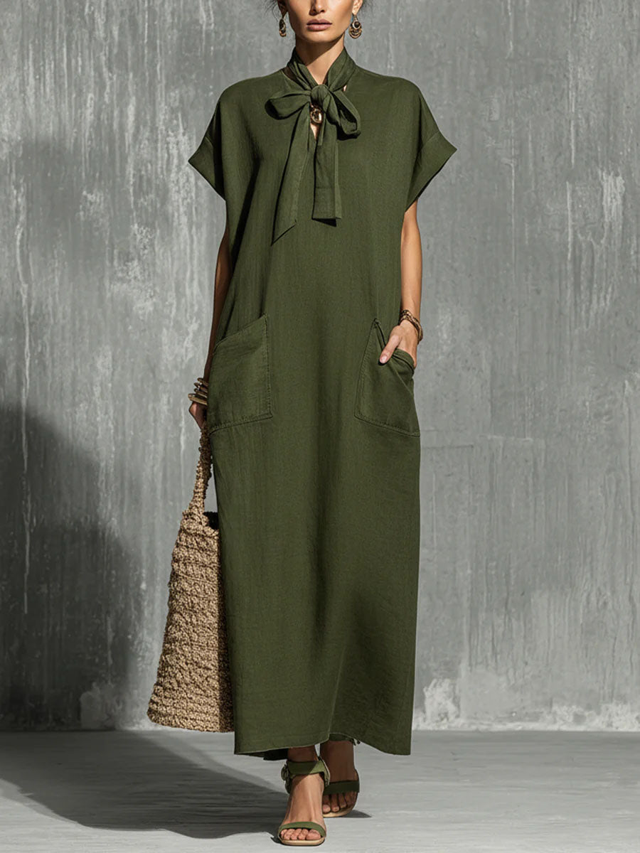 Women's Solid-color V-neck Short-sleeve Casual Loose Cotton-linen Dress - Nordfashionstorm - Women's Clothing, Fashion for You - Nordfashionstorm.com