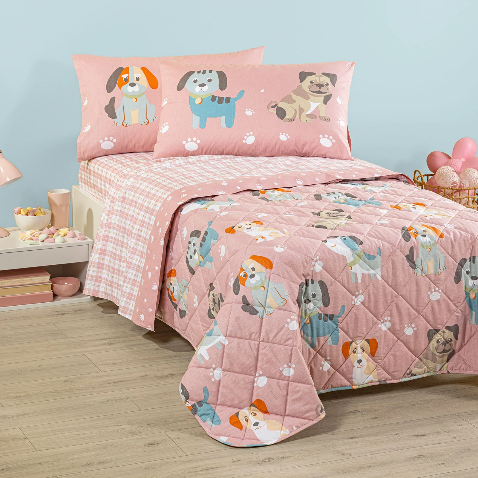 Copriletto Trapuntato In Cotone Cuccioli Piazza E Mezza Rosa Caleffi Kids