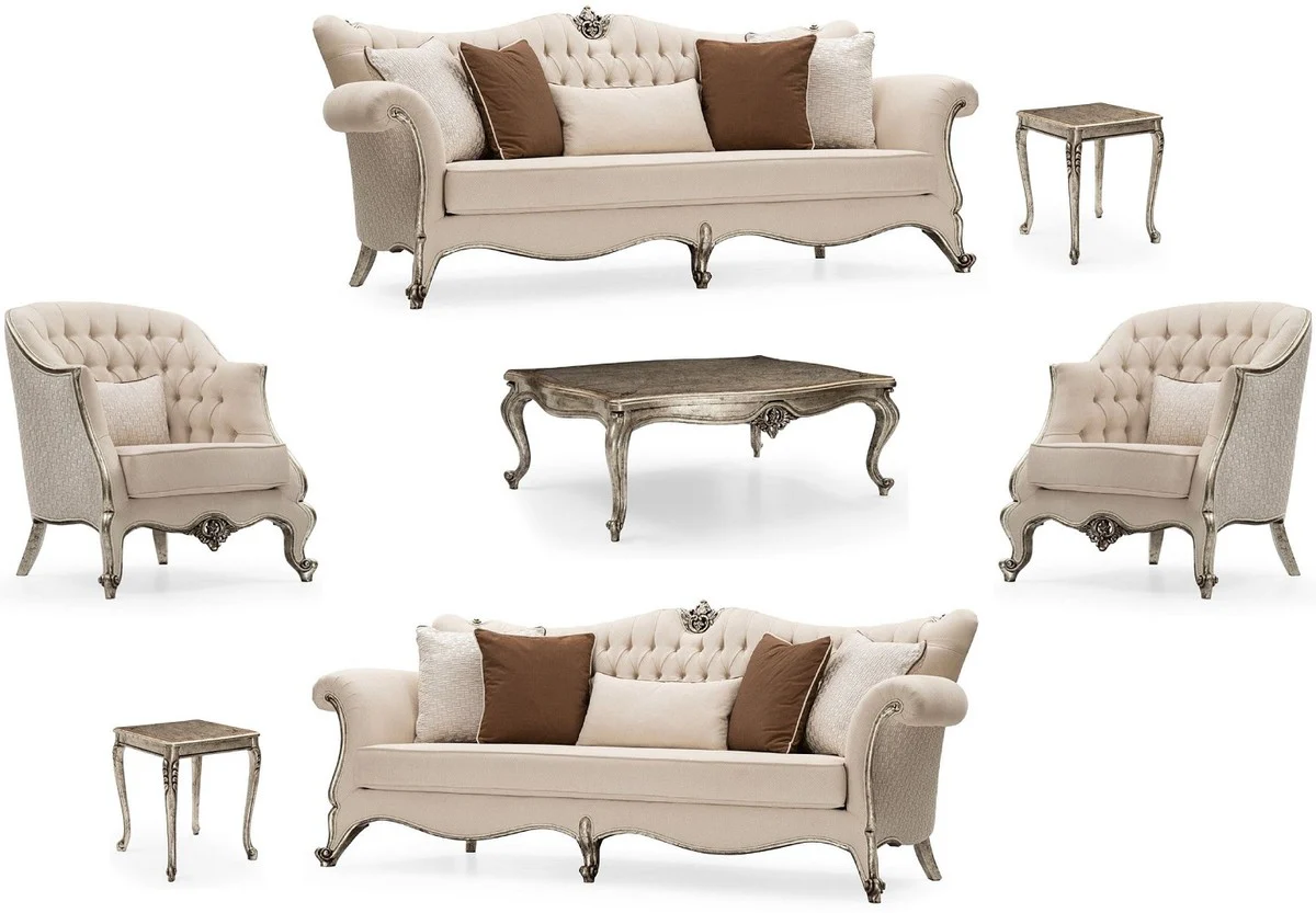 Luxury Baroque Living Room Set Cream / Silver / Antique Silver - 2 Sofas & 2 Armchairs & 1 Coffee Table & 2 Side Tables - Handcrafted Living Room Furniture in Baroque Style - Noble & Magnificent