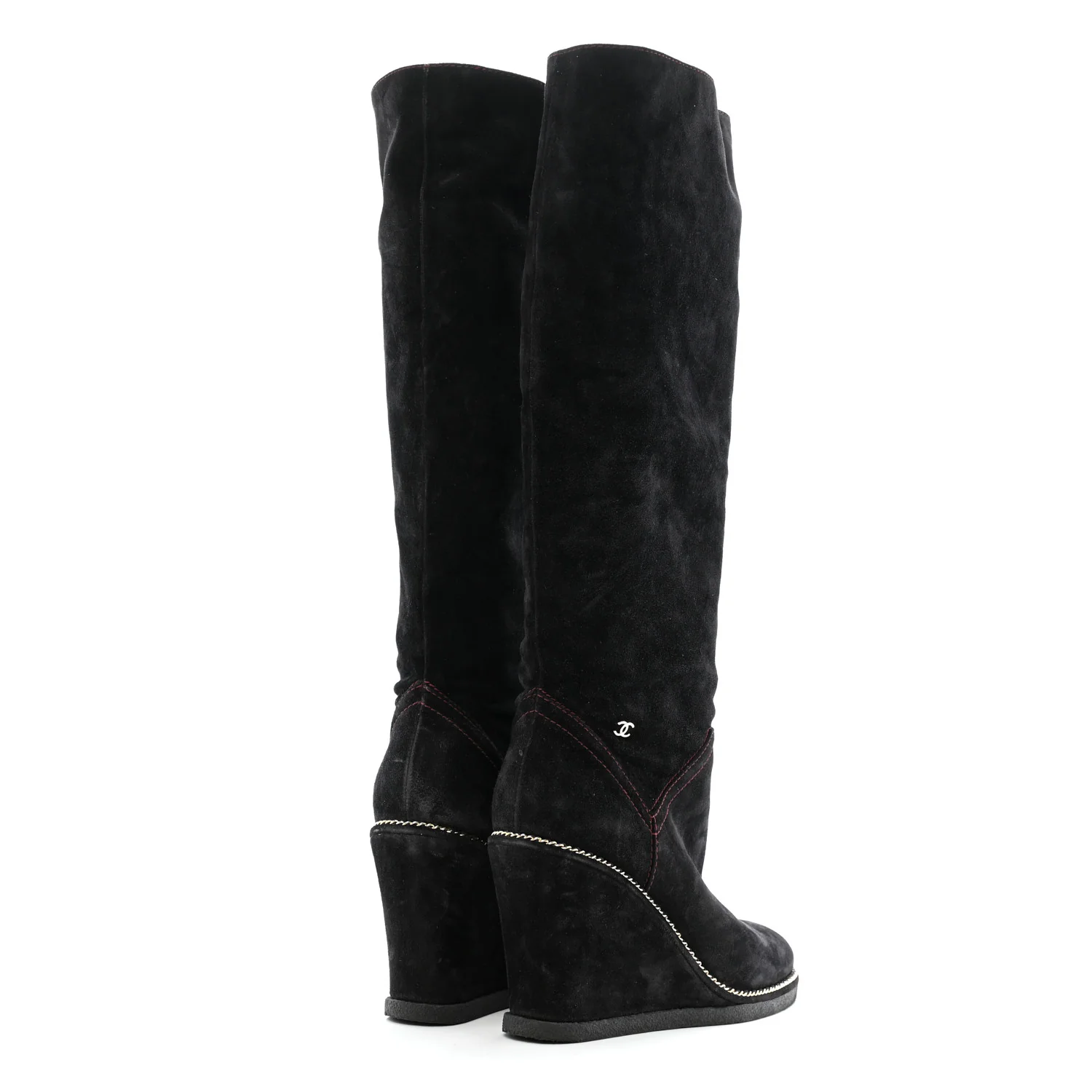 Suede Calfskin Chain Around High Boots 41 Black - Top Club