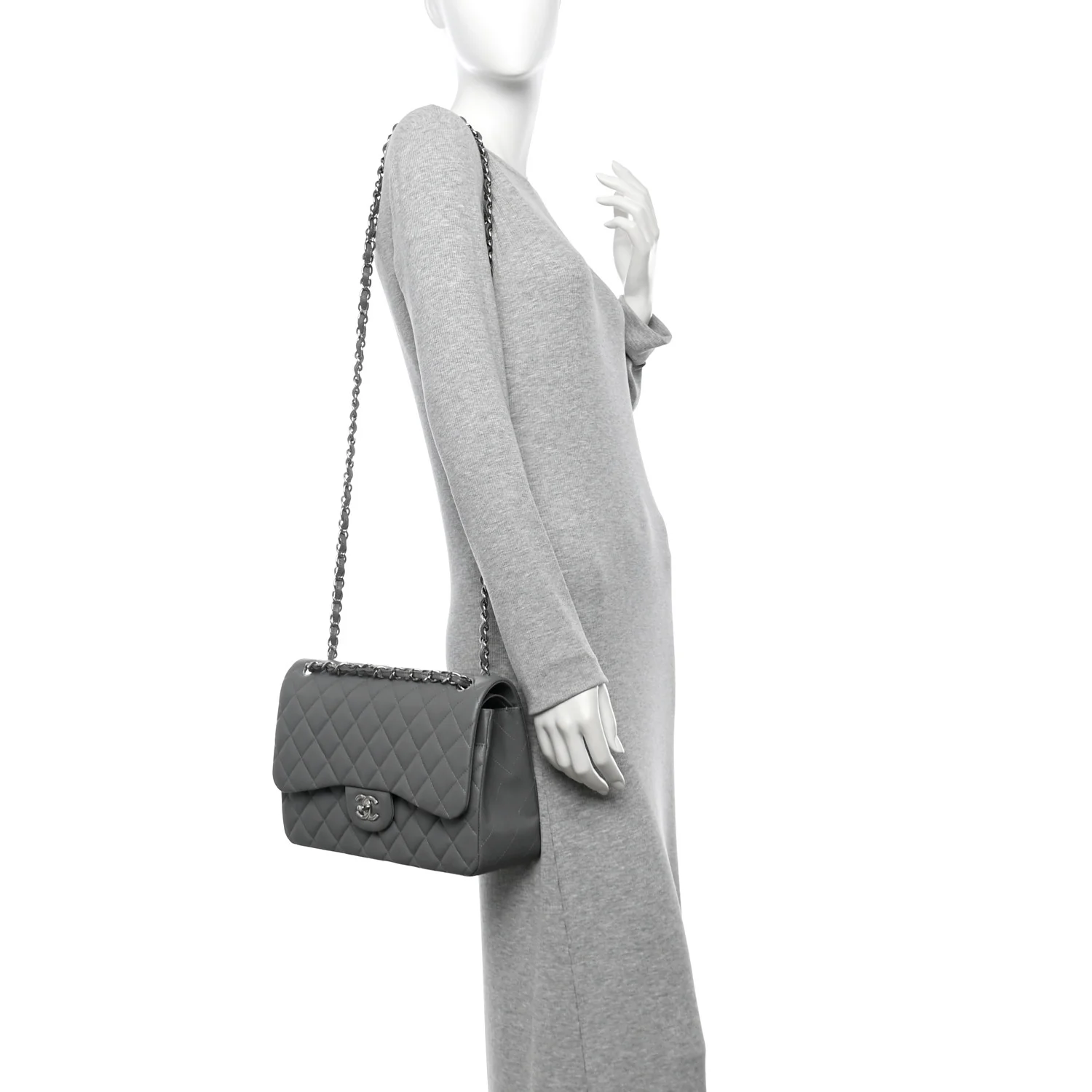Caviar Quilted Jumbo Double Flap Grey