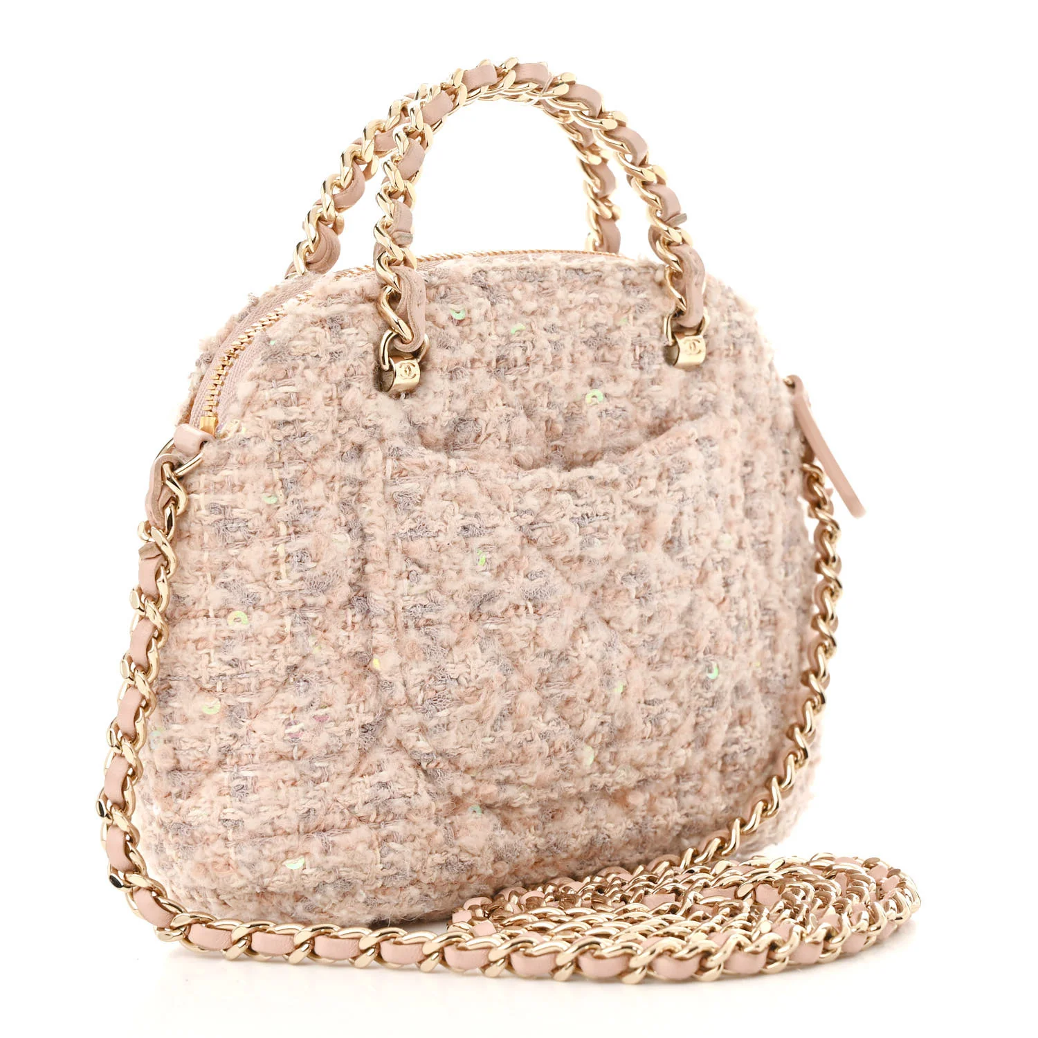 Cotton Wool Tweed Sequin Quilted Shiny Coco Clutch With Chain Light Pink Beige Ecru - Top Club