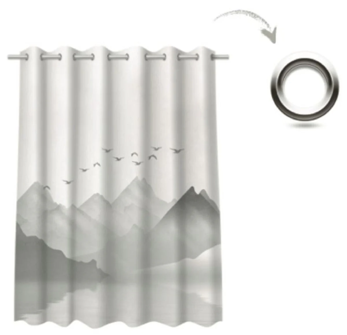 Luxury curtain set mountains with lake gray 250 x H. 290 cm - Printed linen & velvet curtains - Eyelet curtains - Sliding curtains - Elegant living room bedroom curtains