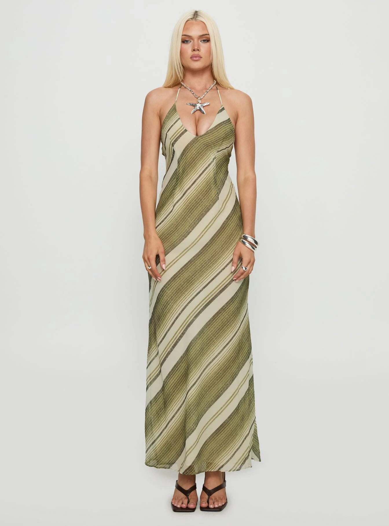 Esmira Halter Maxi Dress Green Stripe