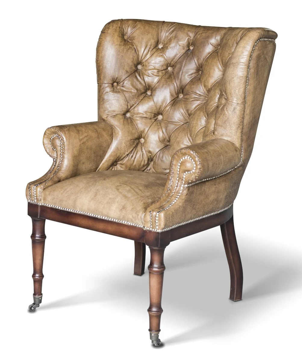 Chesterfield genuine leather armchair vintage leather with wheels - luxury living room wing chair furniture buffalo leather armchair