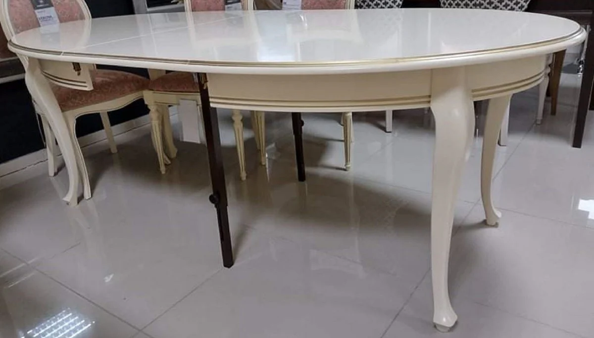 Luxury Art Nouveau dining table cream / gold 160-360 x 110 x H. 78 cm - Oval extendable solid wood dining room table - Baroque & Art Nouveau dining room furniture