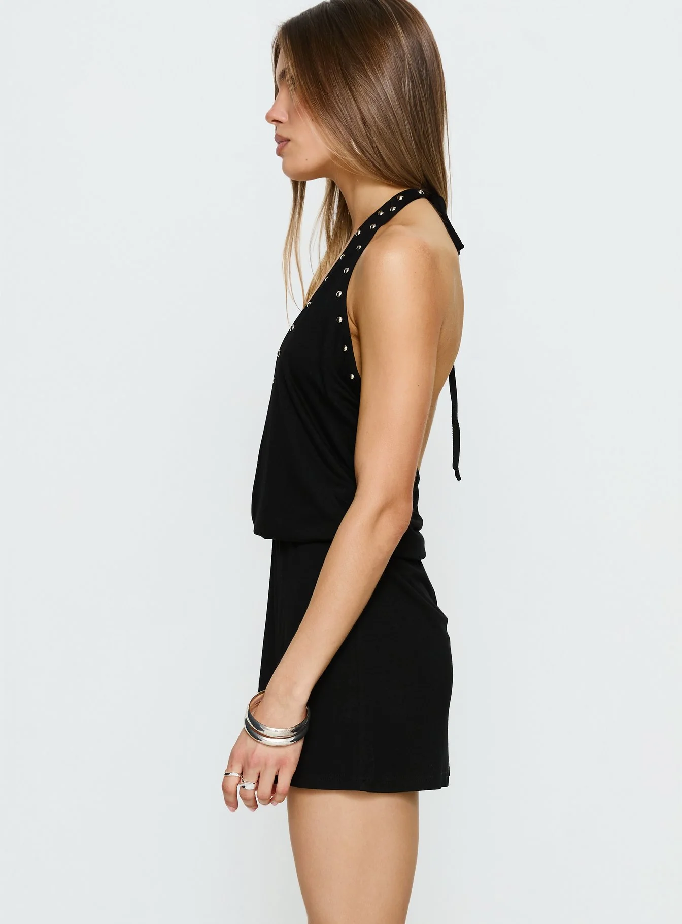 Amary Stud Detail Halter Playsuit Black