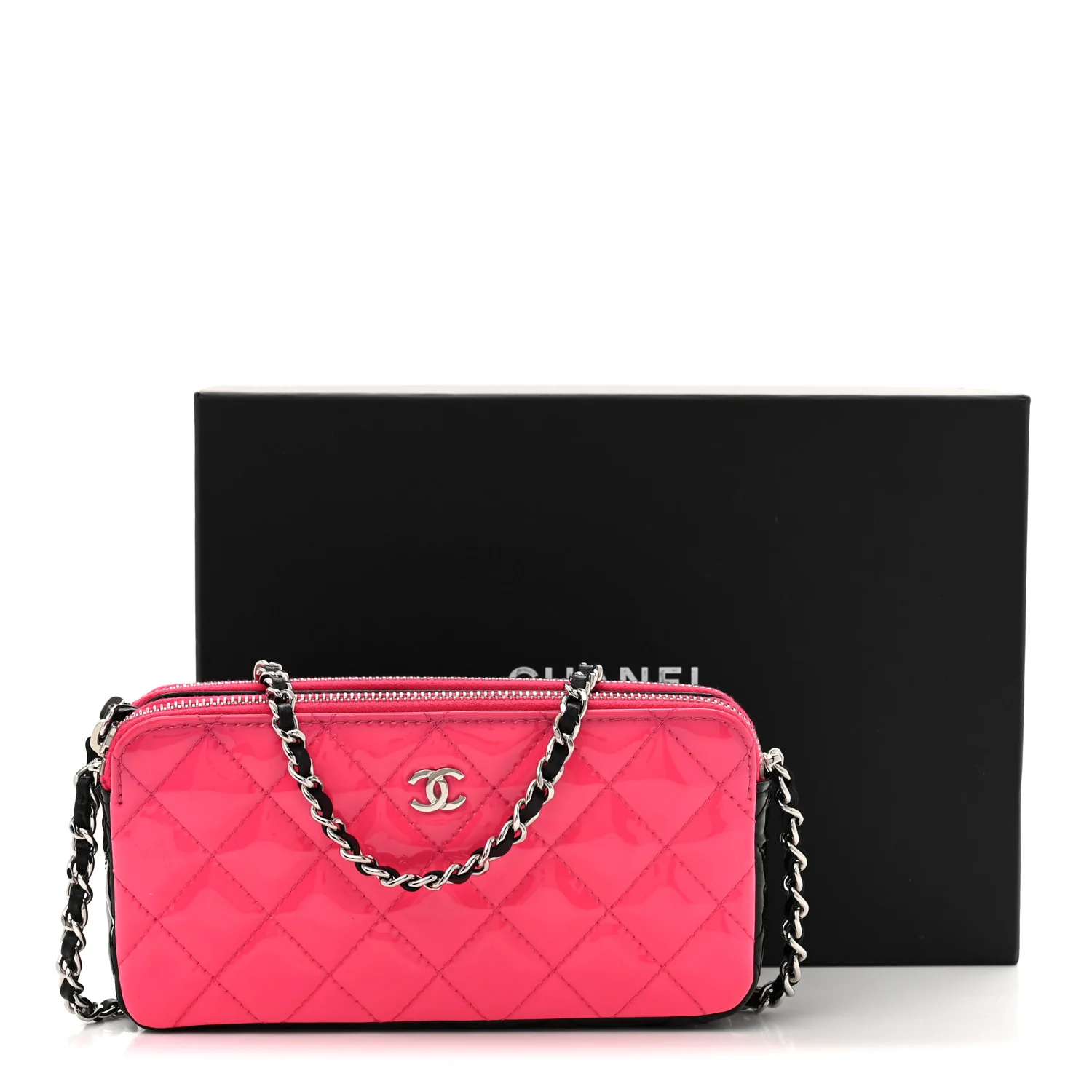 Patent Quilted Small Clutch With Chain Pink Black - Top Club
