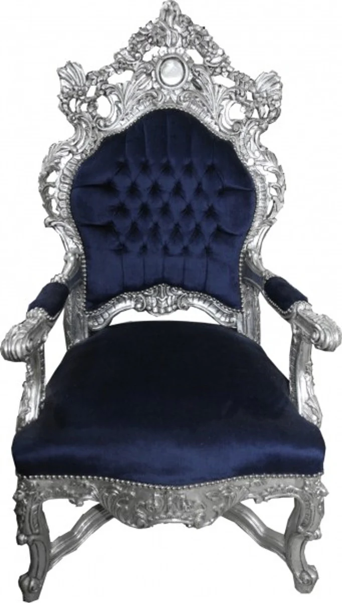 Baroque throne armchair royal blue / silver - unique - Baroque furniture Tron royal armchair