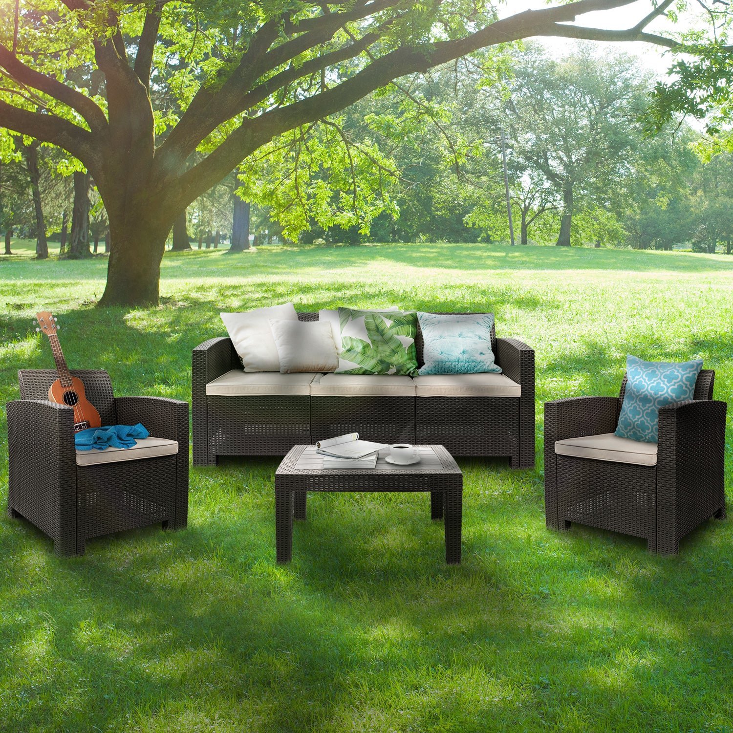 All Weather Anti-UV Patio Conversation Set PE Rattan Wicker Sofa Armchair for Outdoor Indoor Backyard Porch Poolside USE