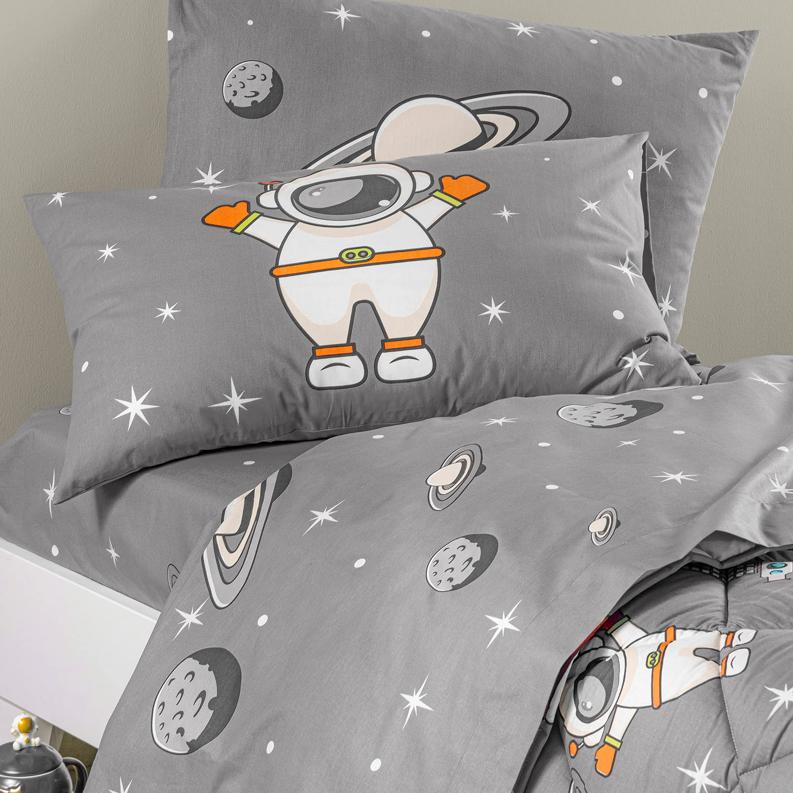 Completo Lenzuola In Cotone Spazio Singolo Grigio Caleffi Kids