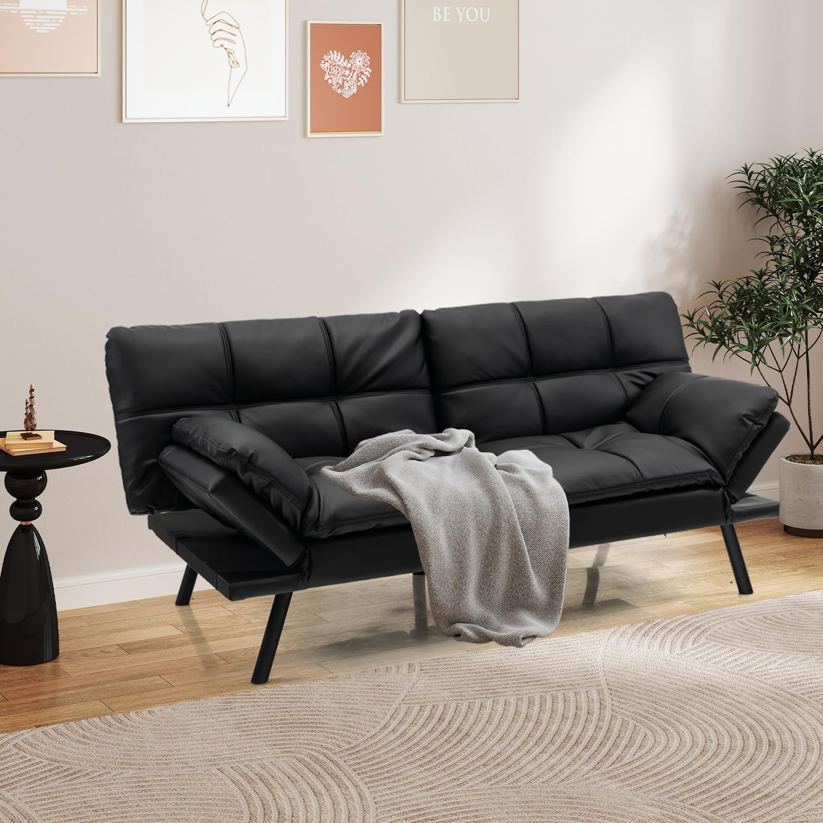 BEFOUNDLOVELY Futon Sofa Bed, Faux Leather Memory Foam Convertible Futon Couch with Adjustable Backrest & Armrests