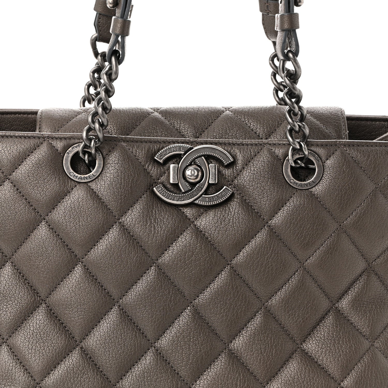 Metallic Goatskin Quilted Large City Rock Shopping Bag Silver - Top Club