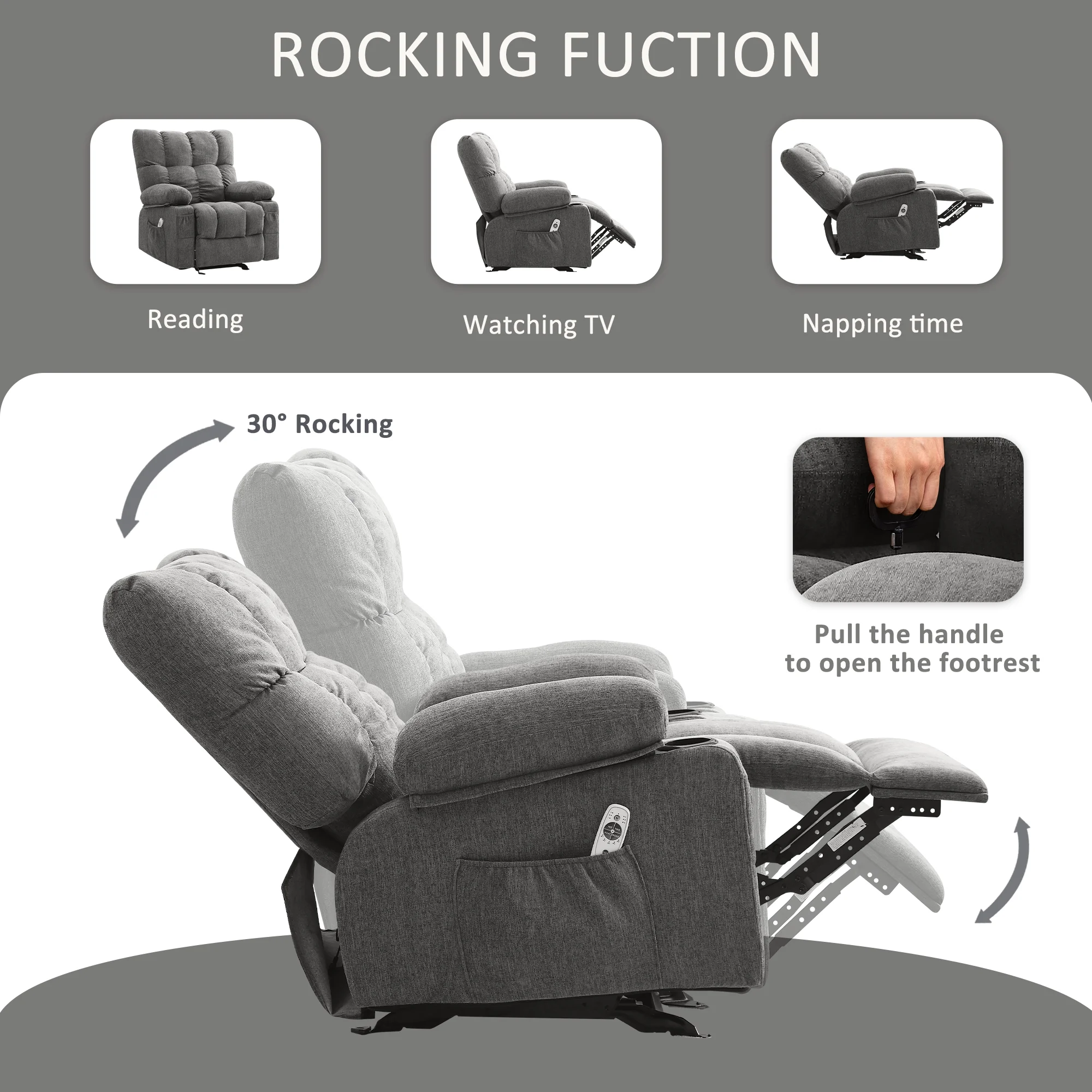 JONPONY Manual Recliner Chair with Heat Therapy and Massage Function, Heavy Duty Reclining Mechanism Massage Chair, Elderly Single Rocker Sofa with Cup Holders for Bedroom Home Theater, Grey