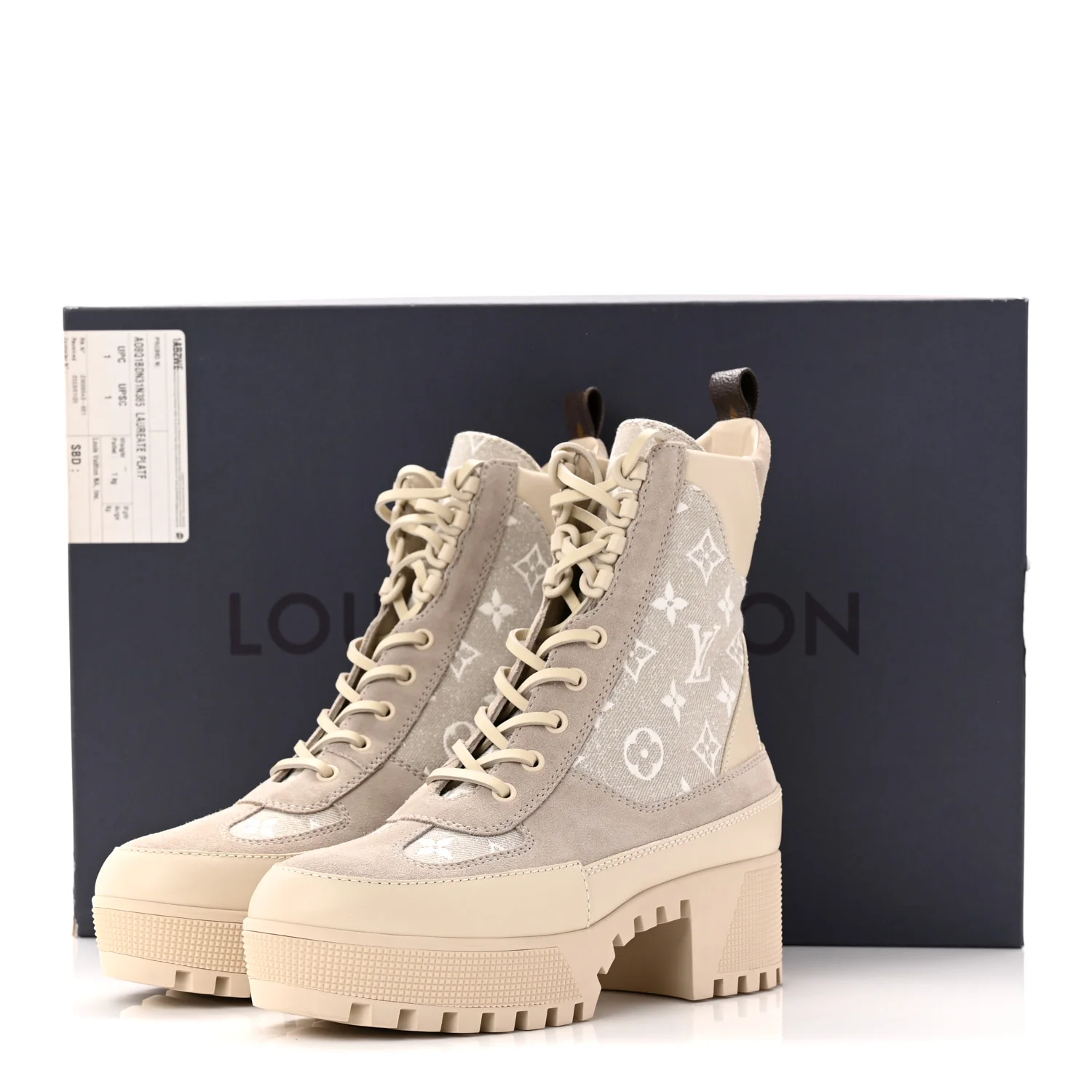 Suede Calfskin Monogram Denim Laureate Platform Desert Boots 38.5 Taupe - Top Club