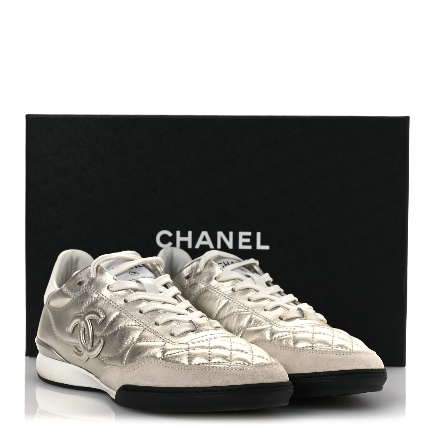 Laminated Calfskin Suede Quilted Womens CC Sneakers 39 Silver White - Top Club