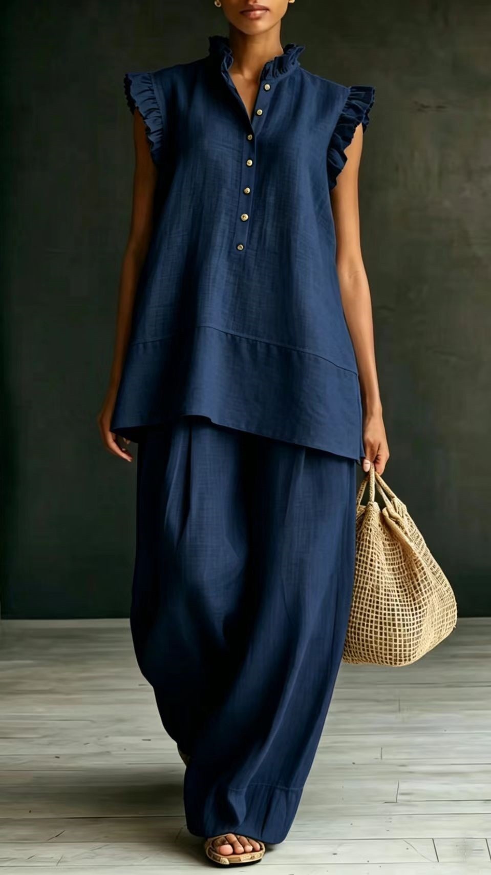 Women's Ruffled Sleeveless Shirt and Loose-Fit Trousers Two-Piece Set - Nordfashionstorm - Women's Clothing, Fashion for You - Nordfashionstorm.com