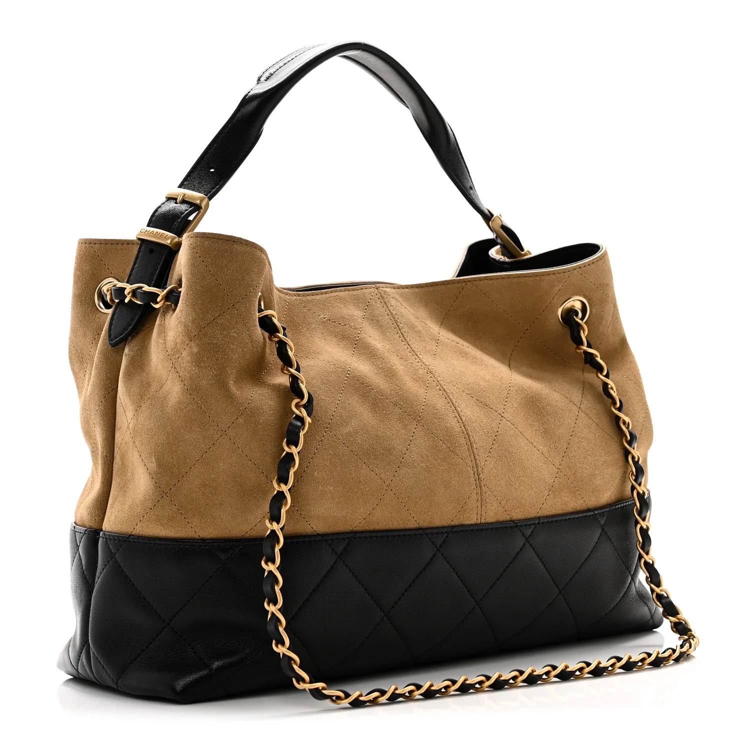 Suede Calfskin Shiny Lambskin Quilted Small Coco Base Shopping Bag Beige Black - Top Club