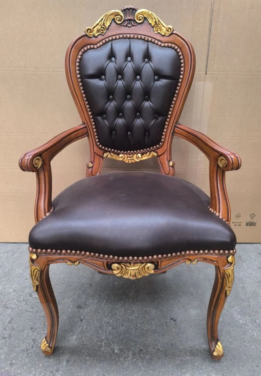 Luxury baroque leather dining chair with armrests black / brown / gold H. 108 cm
