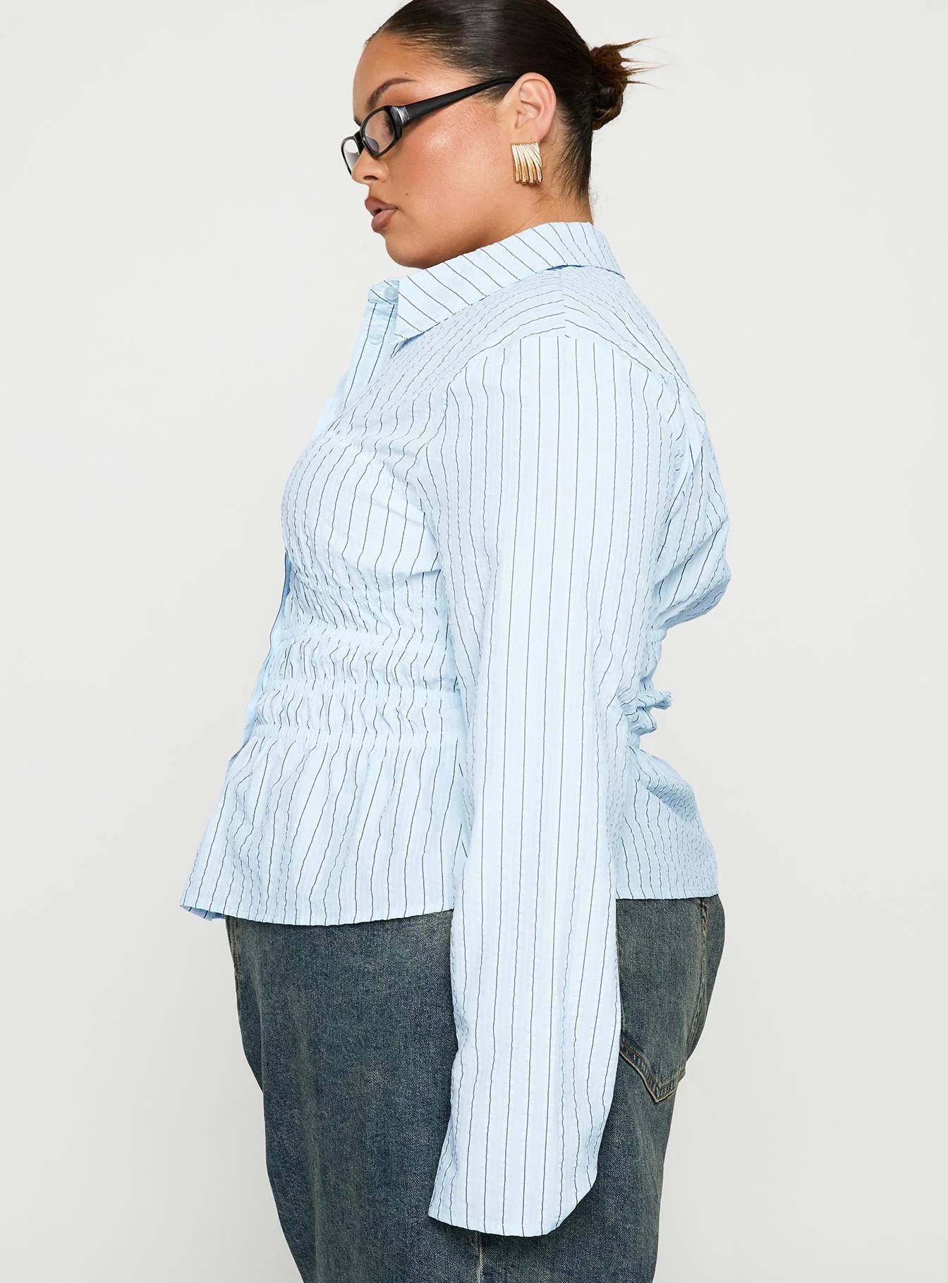 Liesel Shirred Long Sleeve Top Stripe Curve