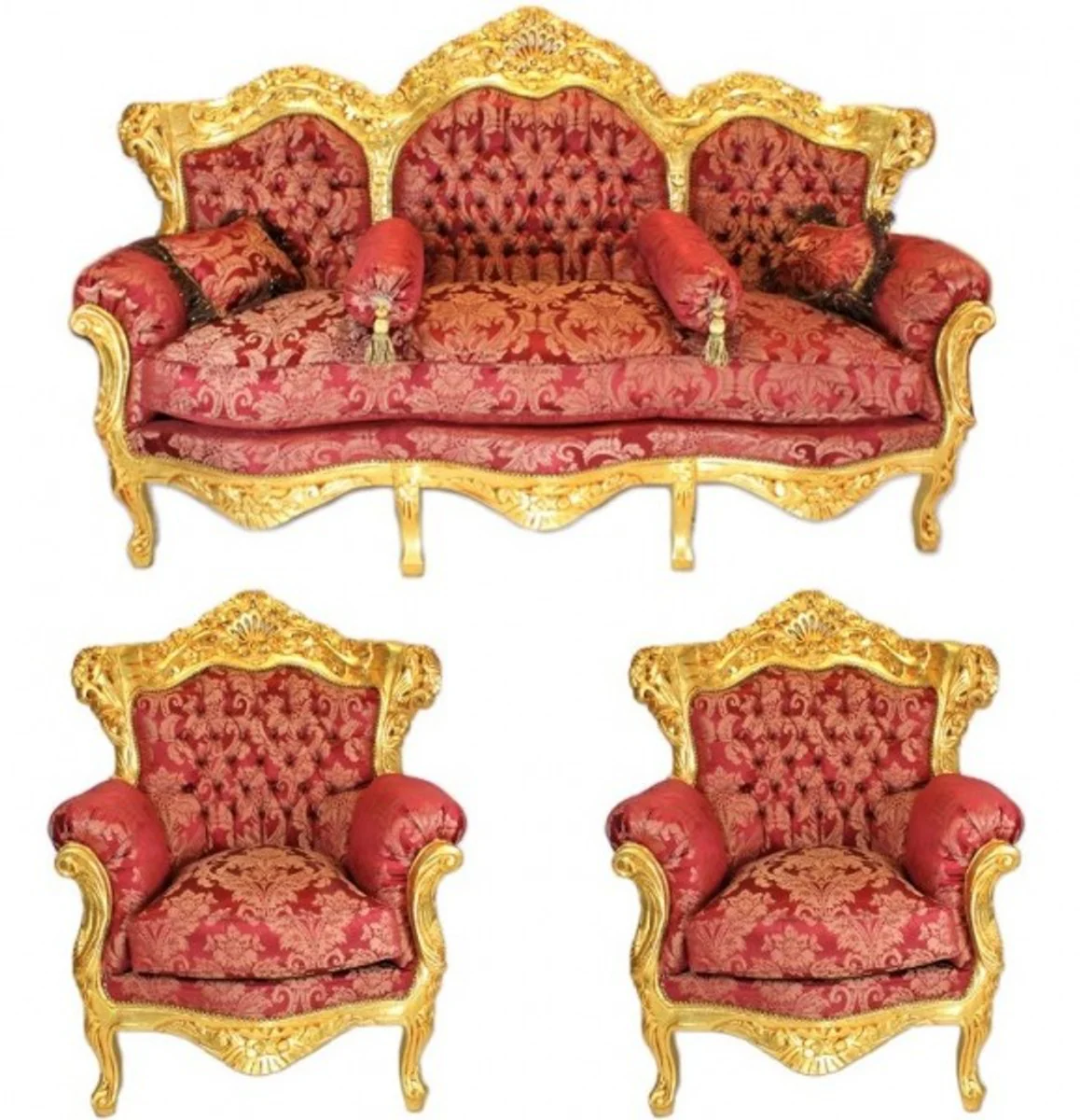 Baroque living room set Bordeaux pattern / gold - 3 seater sofa + 2 armchairs