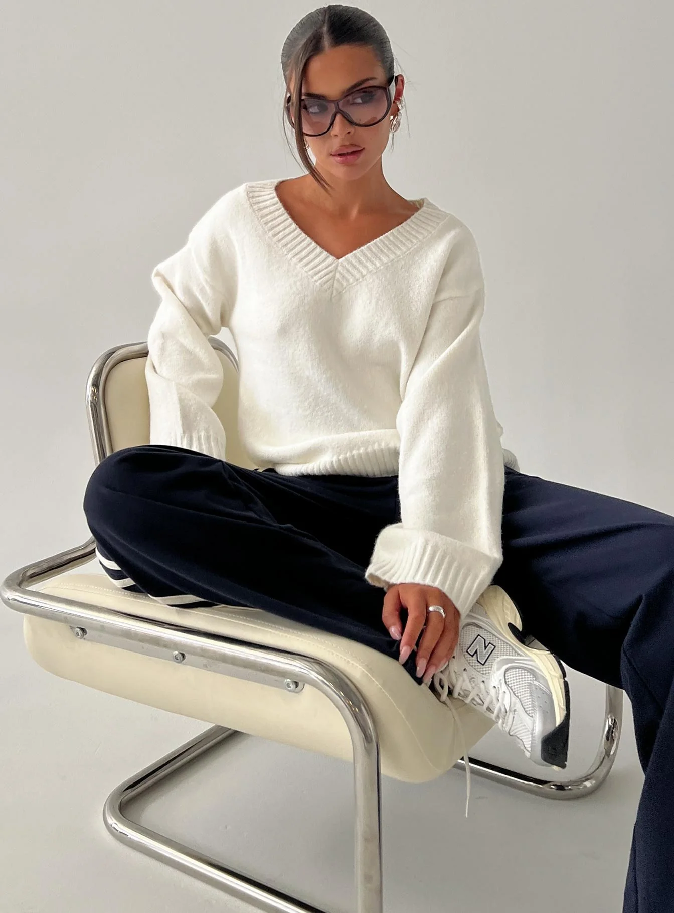 Kaileigh V Neck Knit Sweater Cream