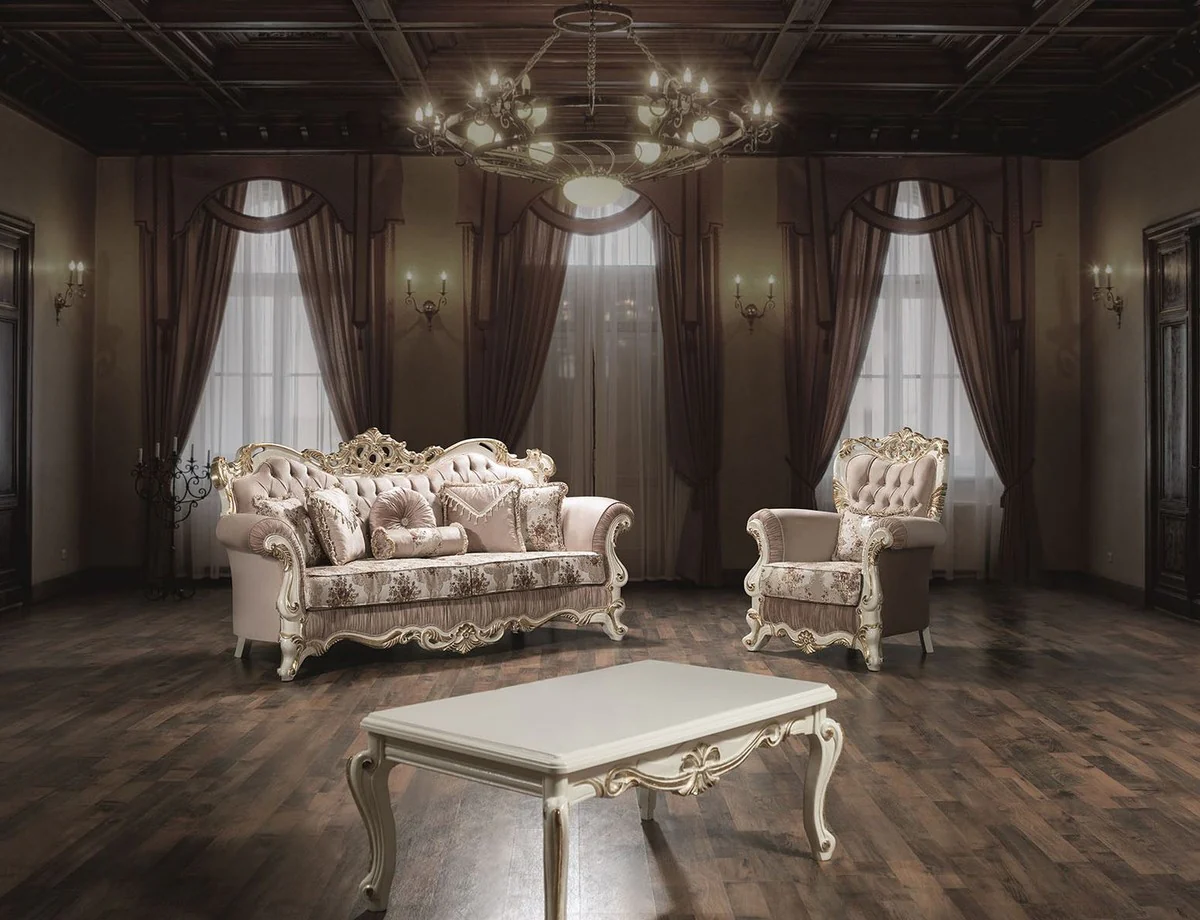 Luxury baroque living room set pink / white / gold - 2 sofas & 2 armchairs & 1 coffee table - magnificent furniture in the baroque style