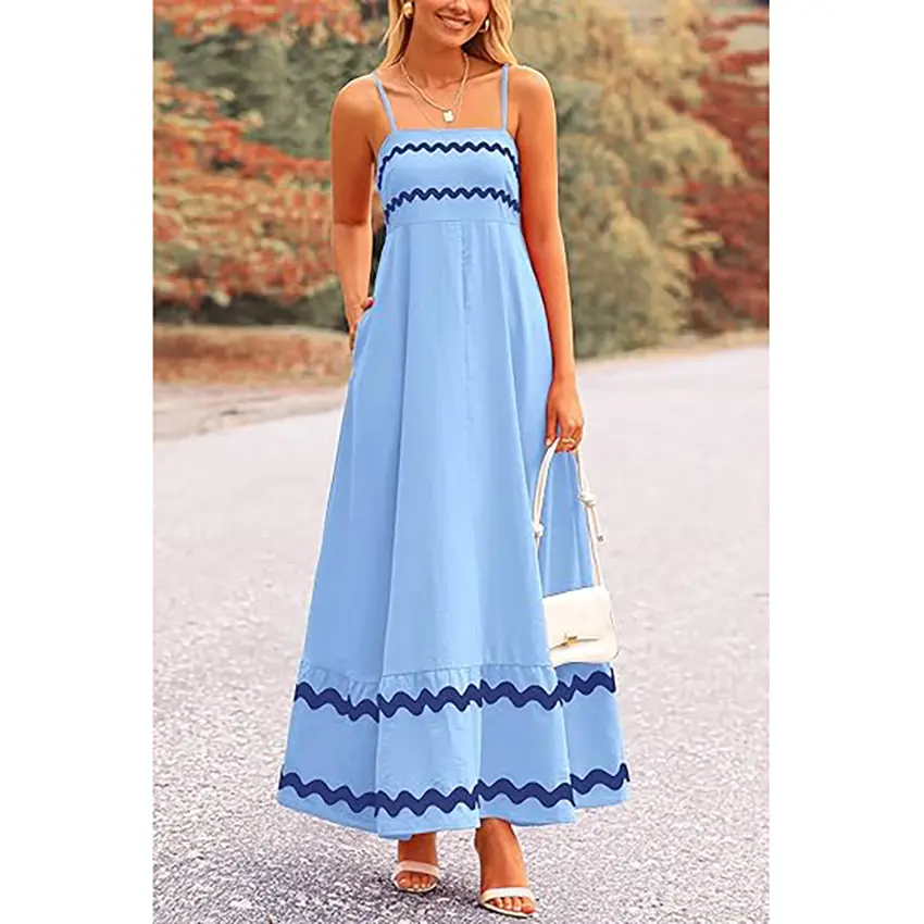 PRETTYGARDEN Women's Summer Flowy Maxi Dress Casual Sleeveless Spaghetti Strap Ruffle Beach Long Dresses-Womenswear Minimalist Light Blue Basic Machine Washable