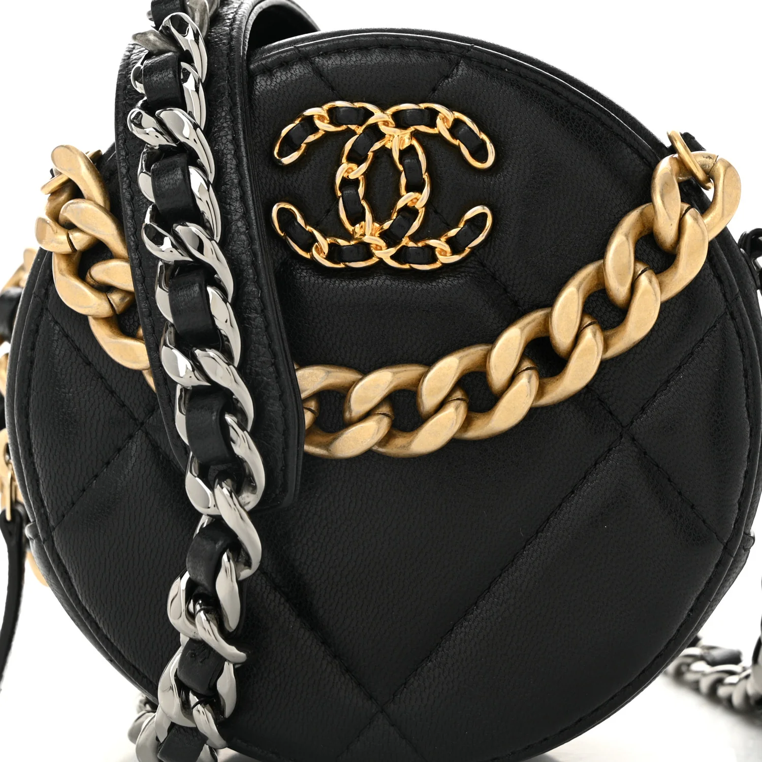Shiny Goatskin Quilted Chanel 19 Round Clutch With Chain Black - Top Club