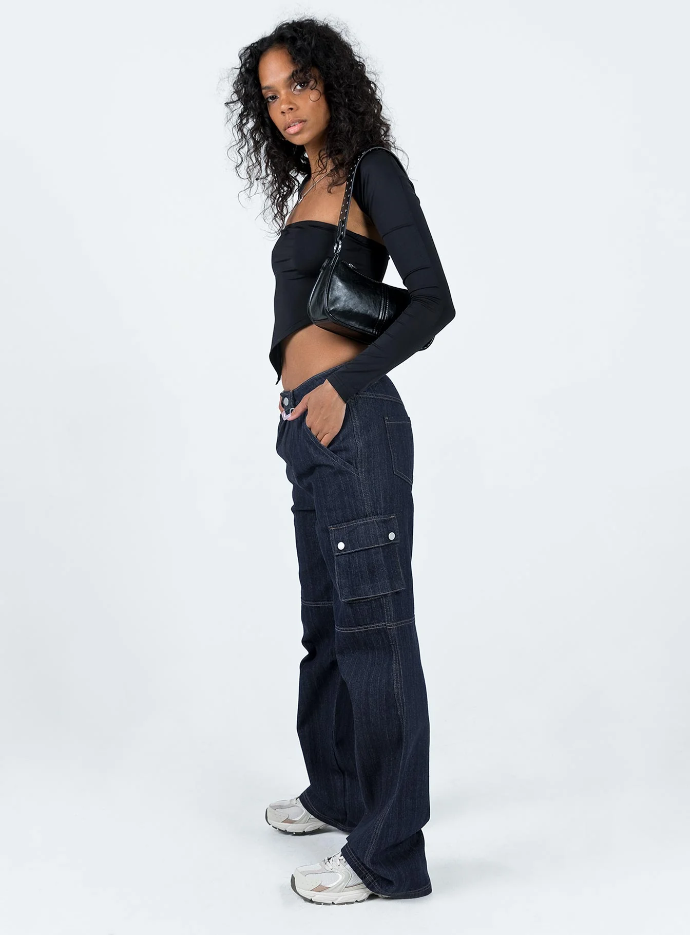 Paige Mid Rise Baggy Cargo Jeans Dark Wash