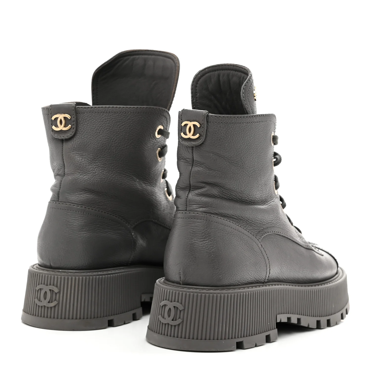 Calfskin CC Lace Up Combat Boots 39 Gray - Top Club