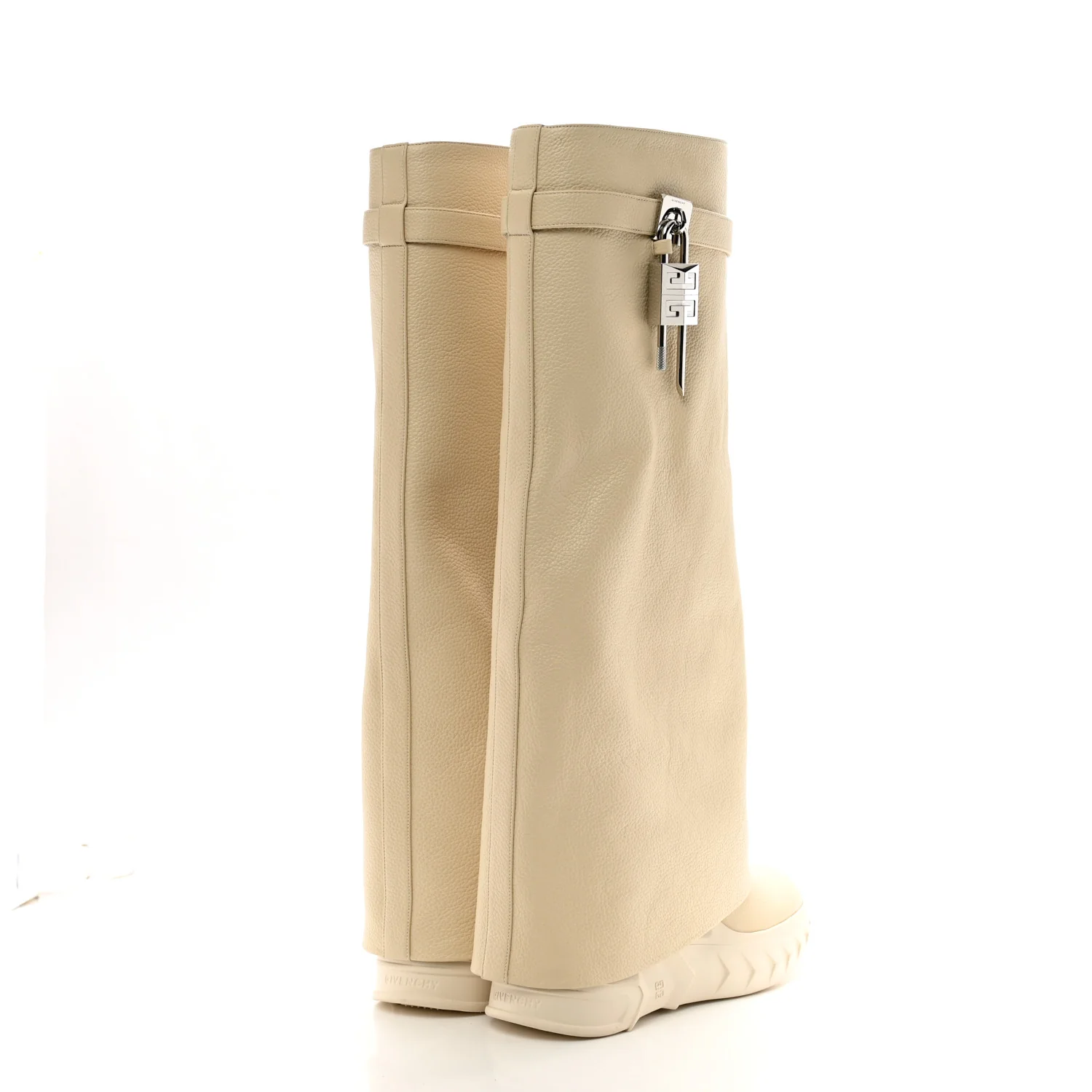 Grained Calfskin Shark Lock Biker Knee Boots 40 Beige - Top Club