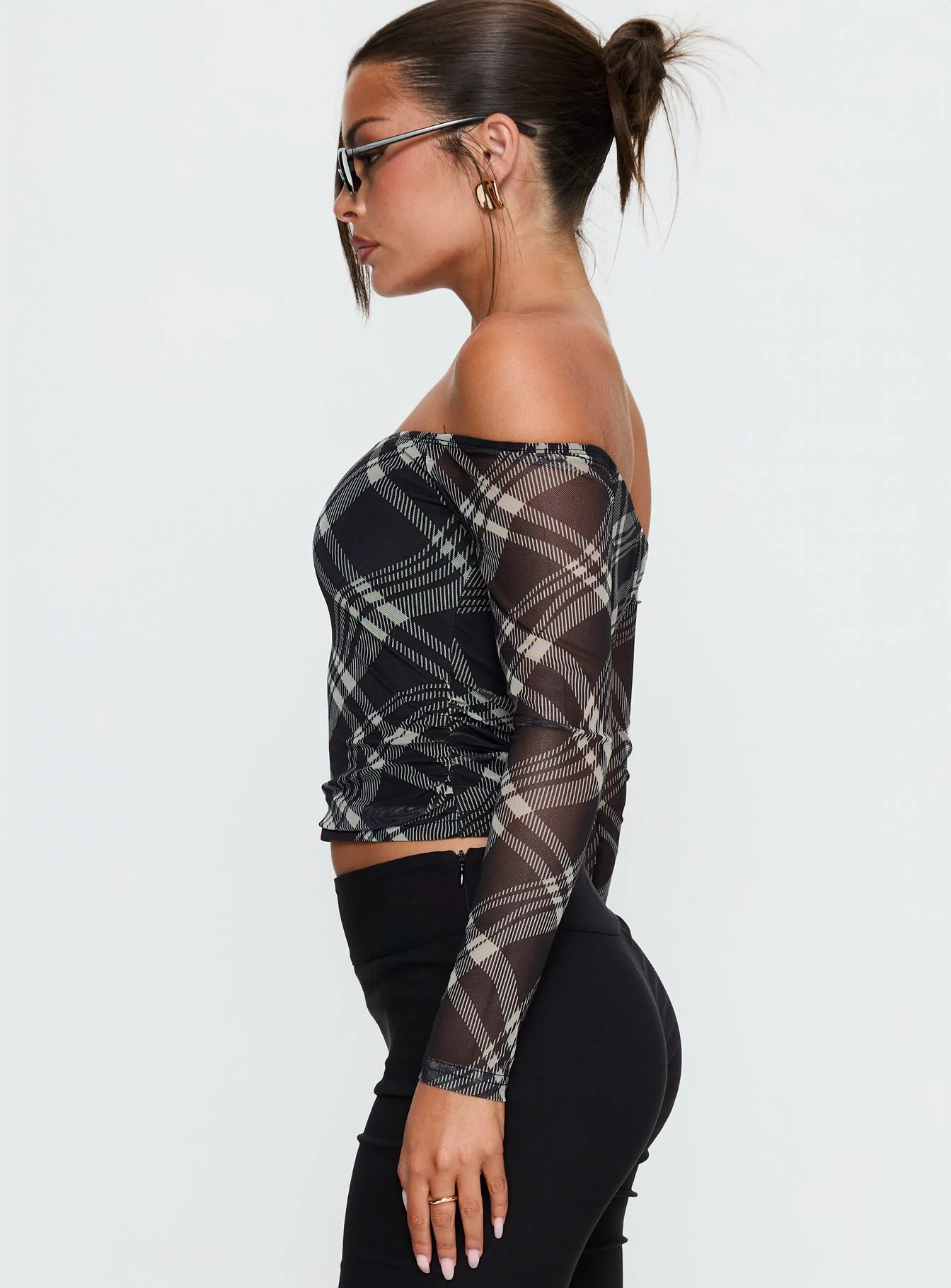 Siarah Off Shoulder Long Sleeve Top Multi Check