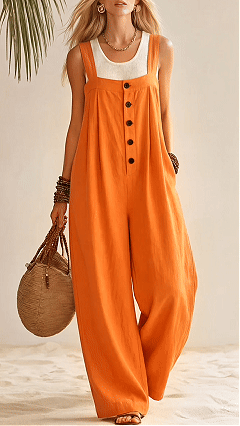 Women's Cotton‑blend Square‑neck Button‑Front Strap Wide‑leg Jumpsuit - Nordfashionstorm - Women's Clothing, Fashion for You - Nordfashionstorm.com
