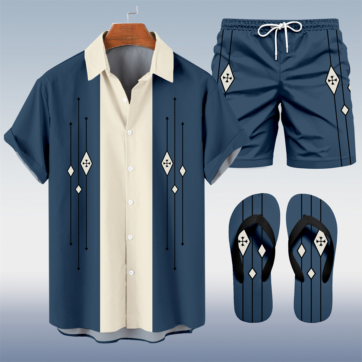 Suitmens Men's Hawaii Vacations Print Shirt Three-Piece Set 054