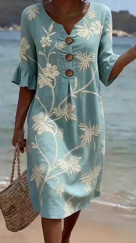 Women's Vacation-Style V-Neck Printed Loose-Fit Dress with Mid-Length Sleeves - Nordfashionstorm - Women's Clothing, Fashion for You - Nordfashionstorm.com