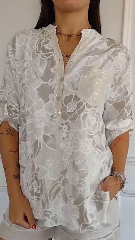 Women's Casual Printed Shirt with Patch Pockets and Sequins - Nordfashionstorm - Women's Clothing, Fashion for You - Nordfashionstorm.com