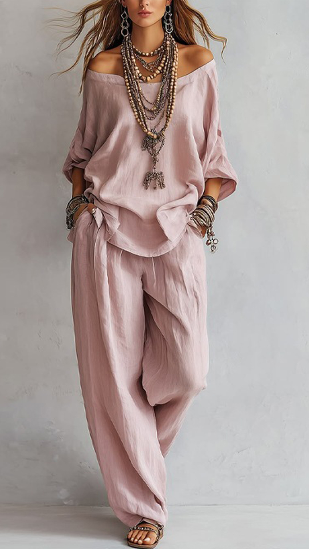 Women's Cotton-Blend Haze Blue Off-Shoulder Loose Set - Nordfashionstorm - Women's Clothing, Fashion for You - Nordfashionstorm.com