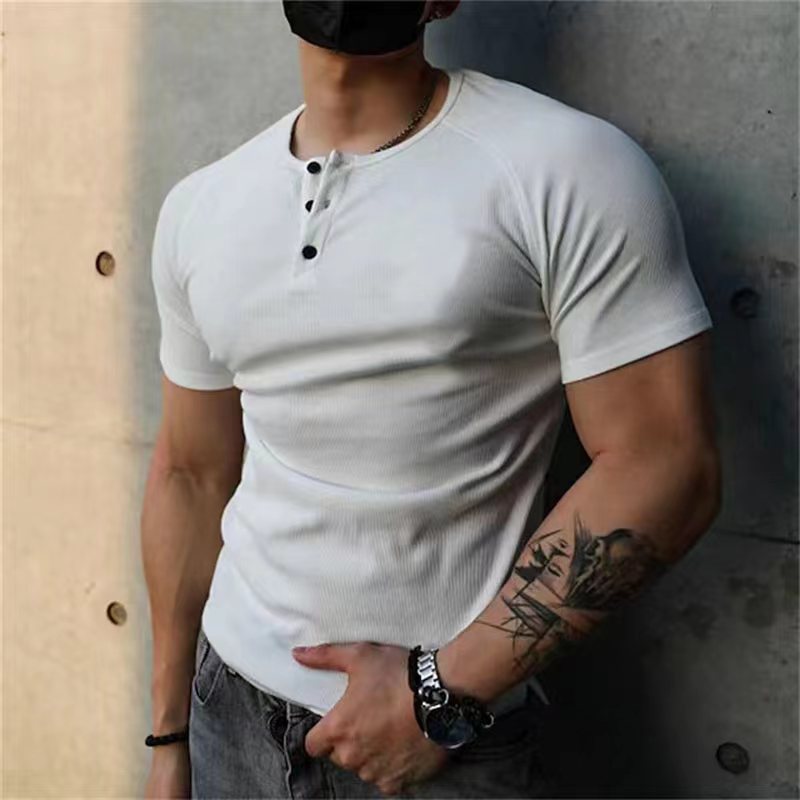 Men's Slim Simple Casual Round Neck Plain Henley T-Shirt