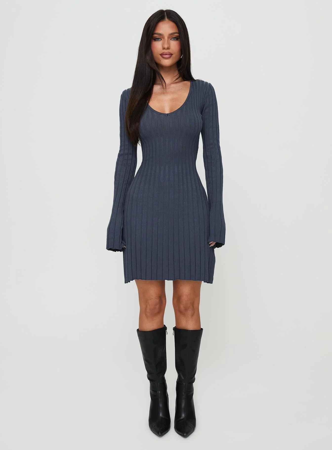 Liberte Ribbed Long Sleeve Mini Dress Charcoal