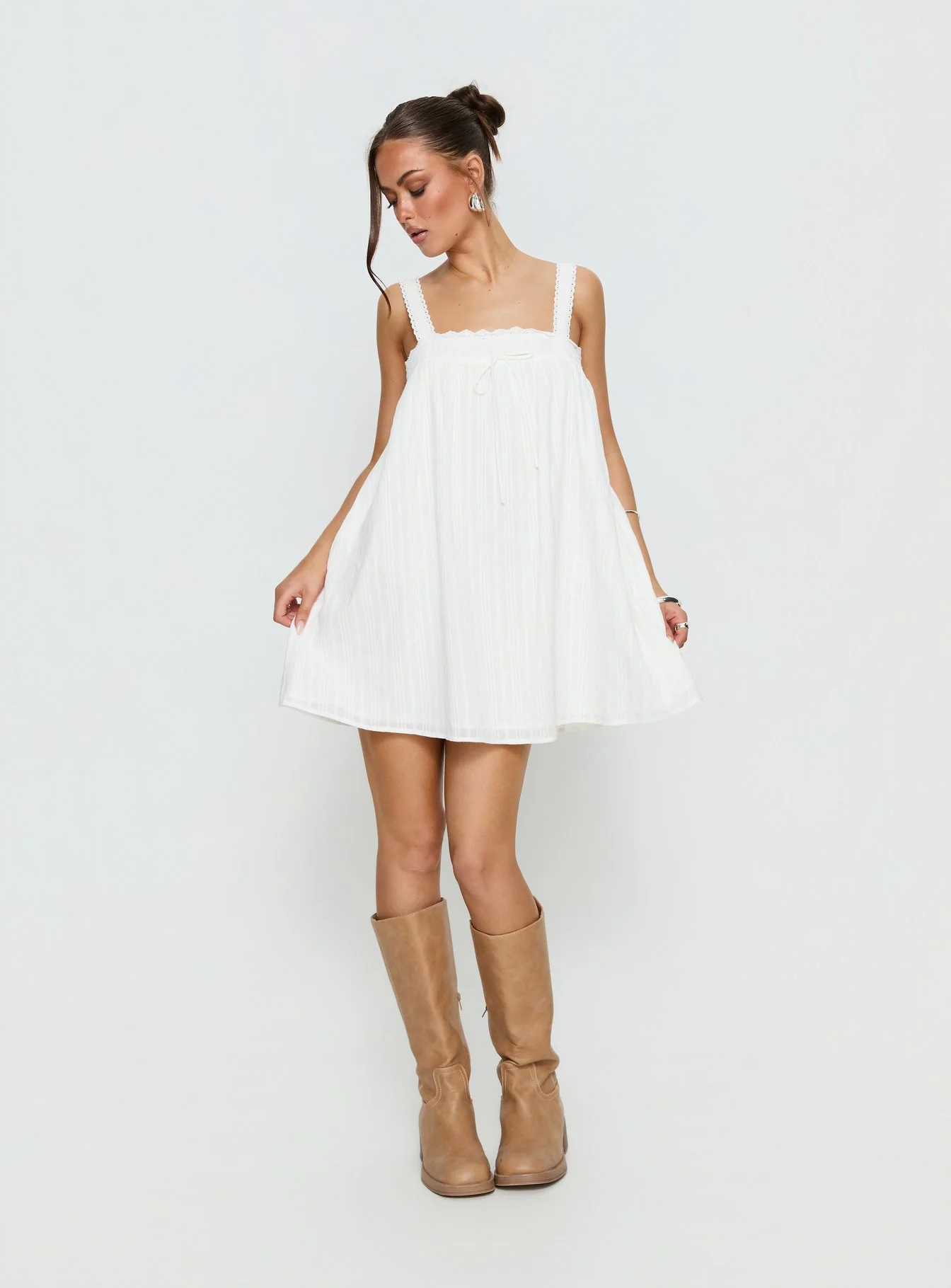 Reason To Stay Lace Trim Floaty Mini Dress White
