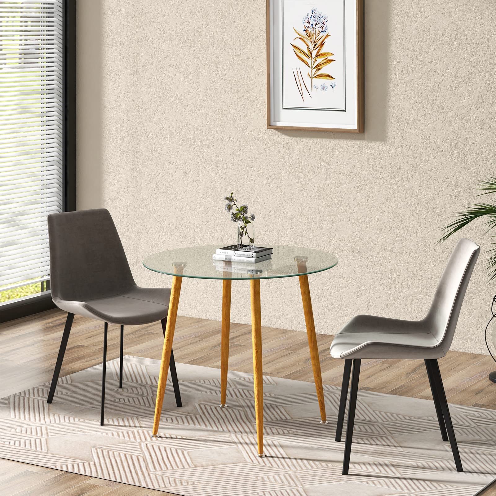 BEFOUNDLOVELY Round Glass Dining Table, Kitchen Dinner Table w/Tempered Glass Tabletop & Metal Legs