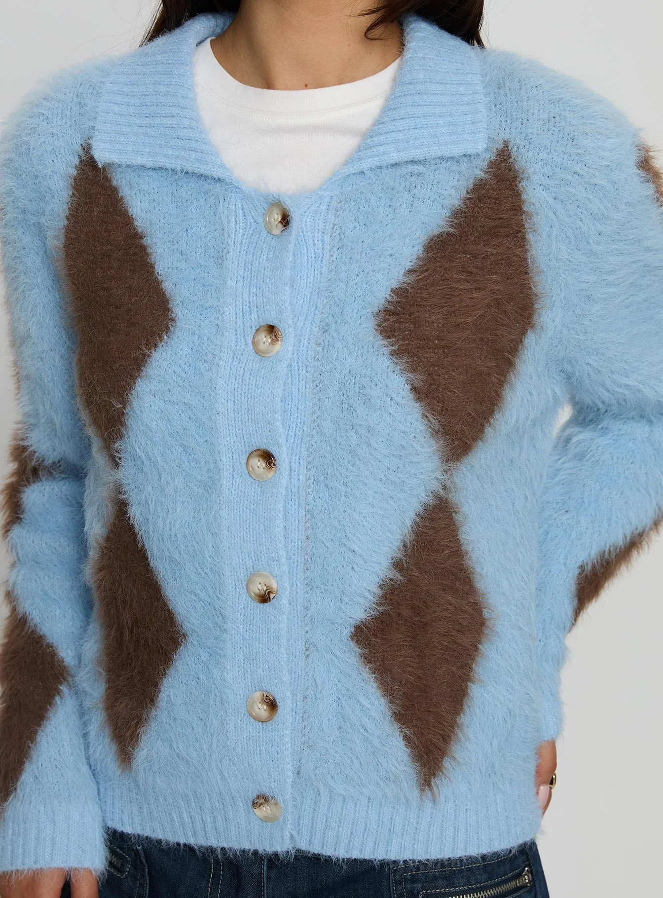 Lynnsey Fluffy Collared Knit Sweater Blue Argyle