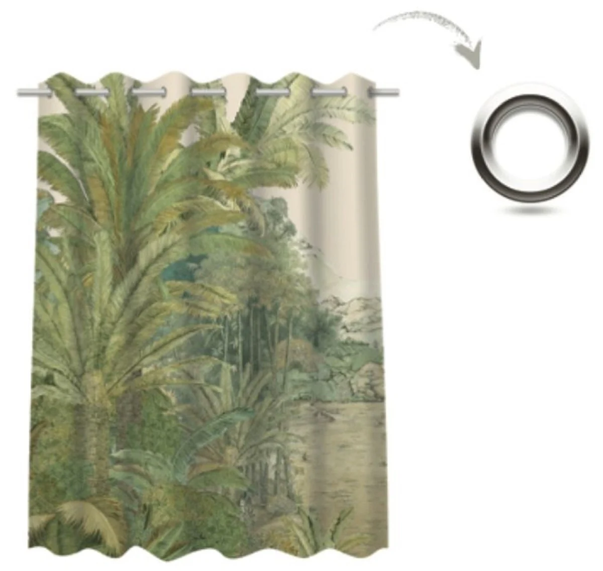 Luxury curtain set palm trees landscape cream / green 250 x H. 290 cm - Printed linen & velvet curtains - Eyelet curtains - Sliding curtains - Luxury decorative accessories
