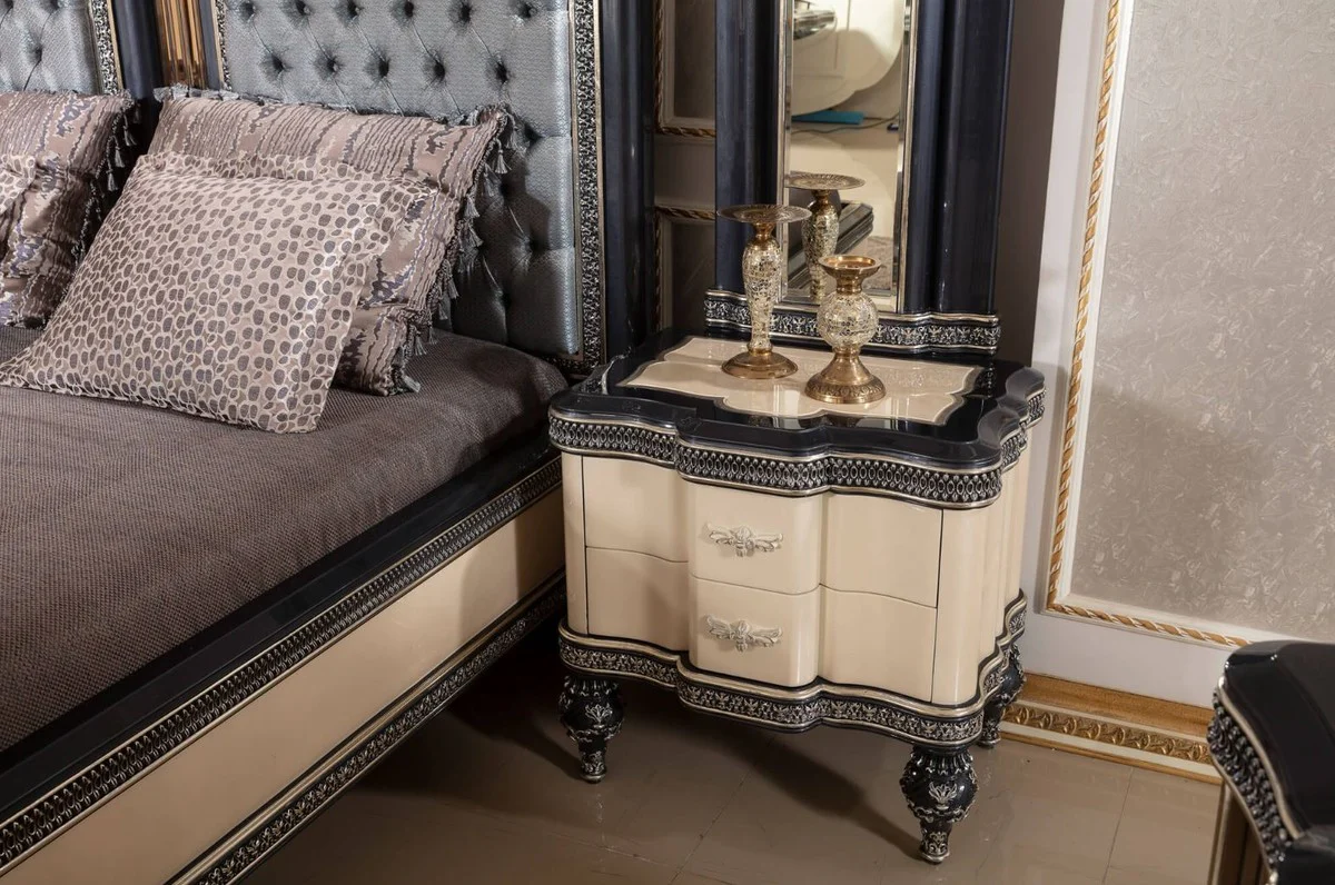 Luxury Baroque Bedroom Set Light Blue / Beige / Black / Gold - 1 Baroque Double Bed with Headboard & 2 Baroque Nightstands - Luxury Bedroom Furniture in Baroque Style - Baroque Interior