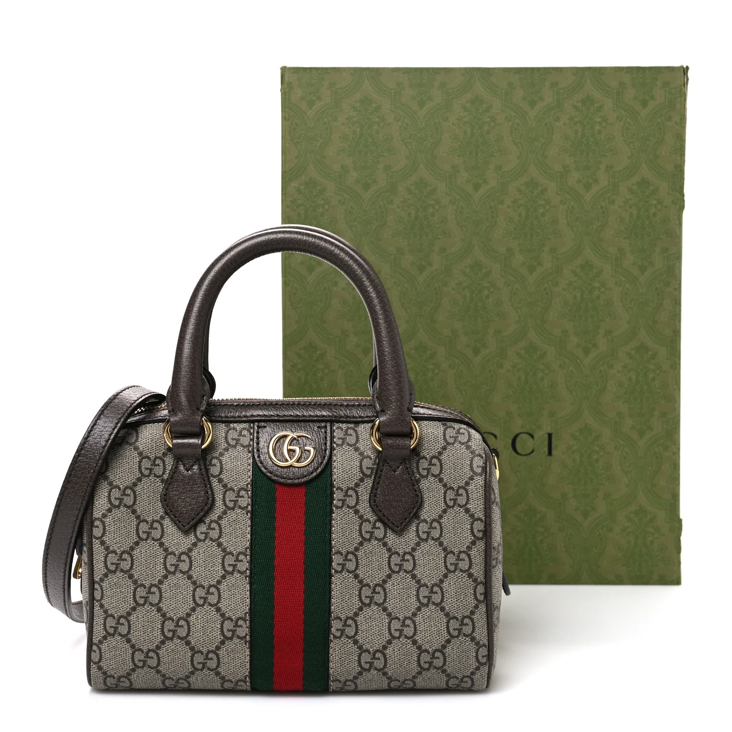 GG Supreme Monogram Textured Dollar Calfskin Web Mini Ophidia Top Handle Bag Beige Ebony New Acero - Top Club