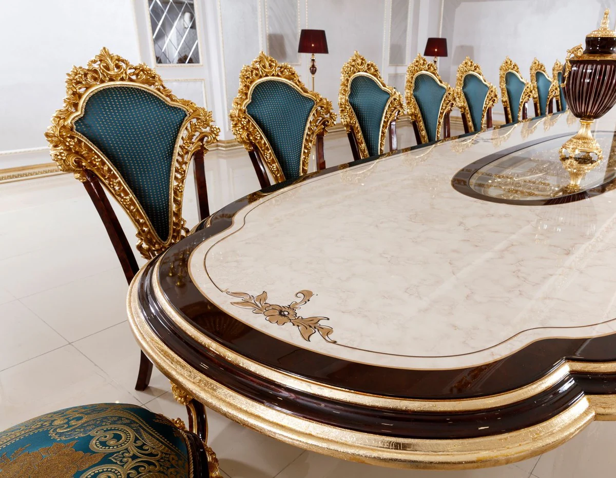 Luxury Baroque Dining Room Set White / Brown / Blue / Gold - 1 Baroque Dining Table & 22 Baroque Dining Chairs - Hotel Furniture - Castle Furniture - Palace Furniture - Luxury Furniture in Baroque Style