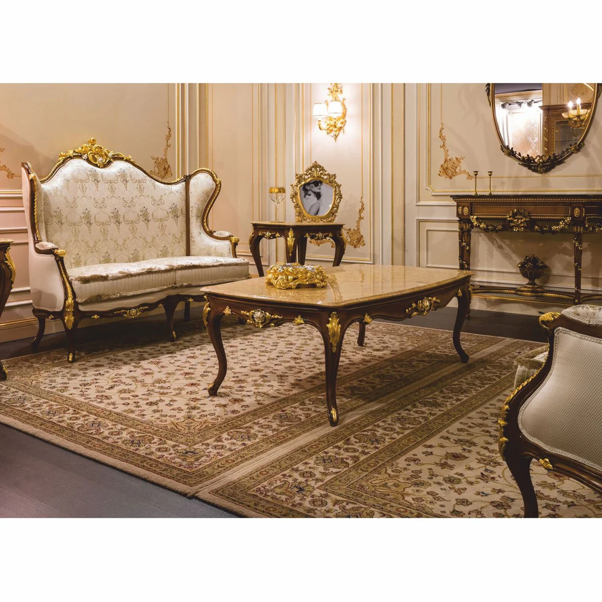 Luxury baroque coffee table beige / dark brown / gold 146 cm - Made in Italy