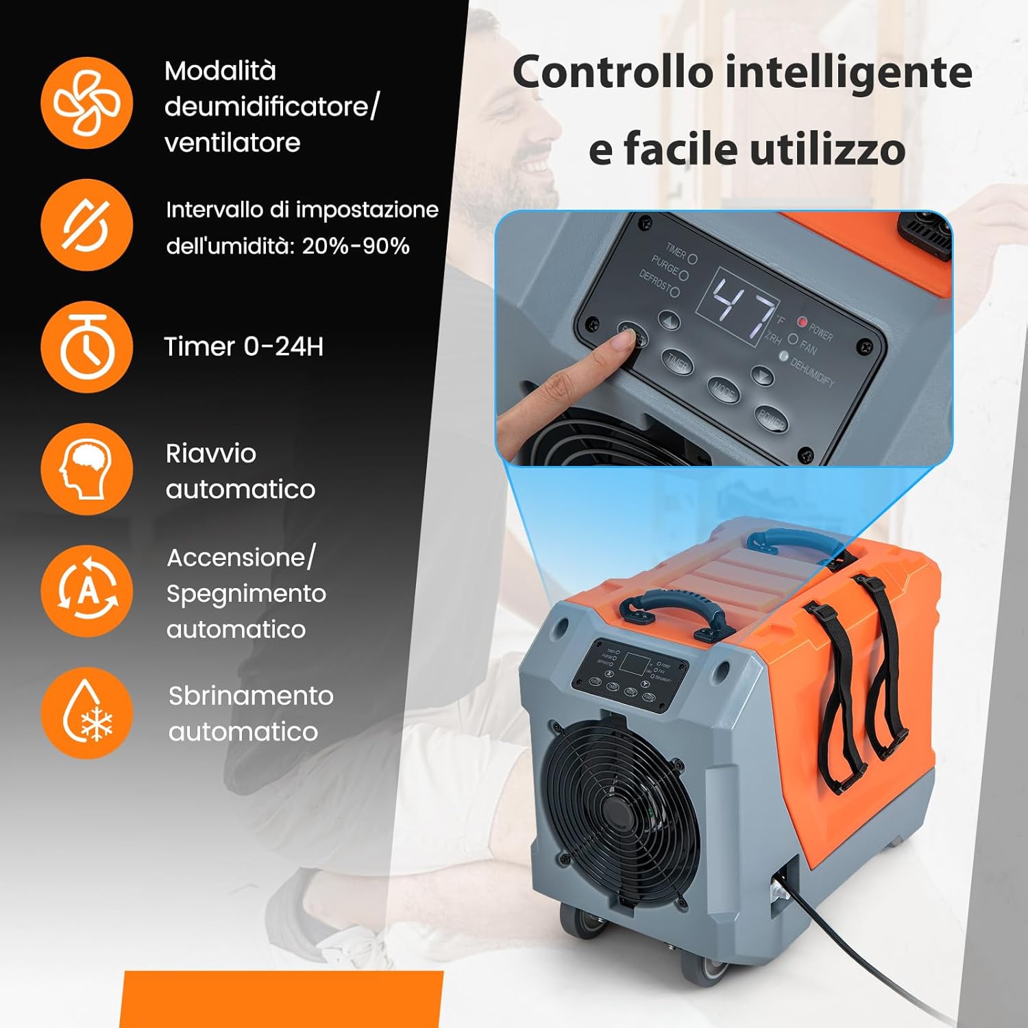 RELAX4LIFE Deumidificatore Elettrico Commerciale 85 L/T, Ventilazione e Sbrinamento, Timer 24 ore, con Tubo di Scarico, Ruote e Maniglia, per Stanze e Scantinati fino a 355 m³ (Arancione)
